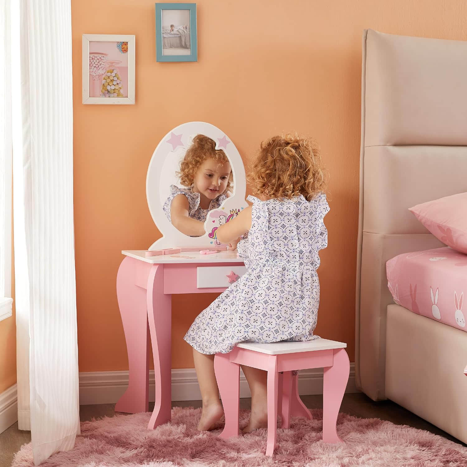 wf016 Pretend Play Kids Vanity Table and Chair