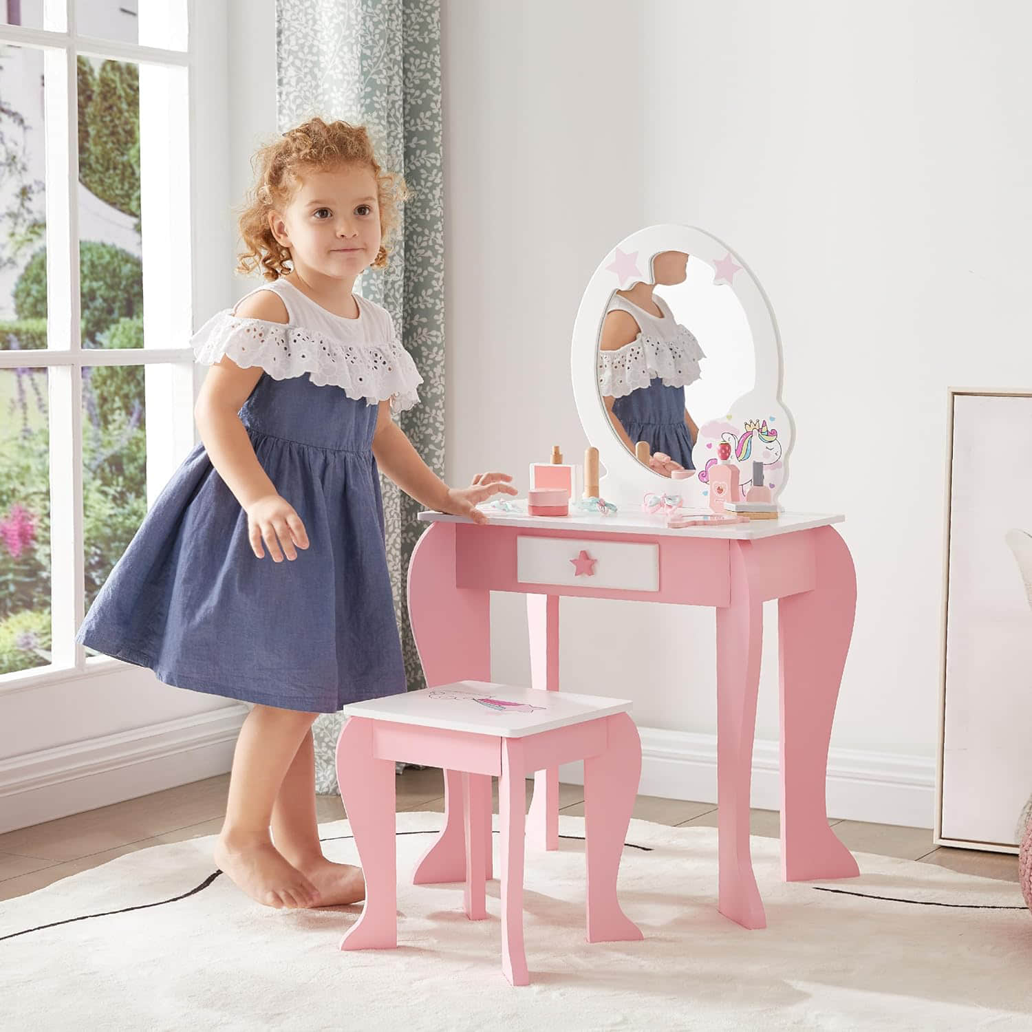 wf016 Pretend Play Kids Vanity Table and Chair